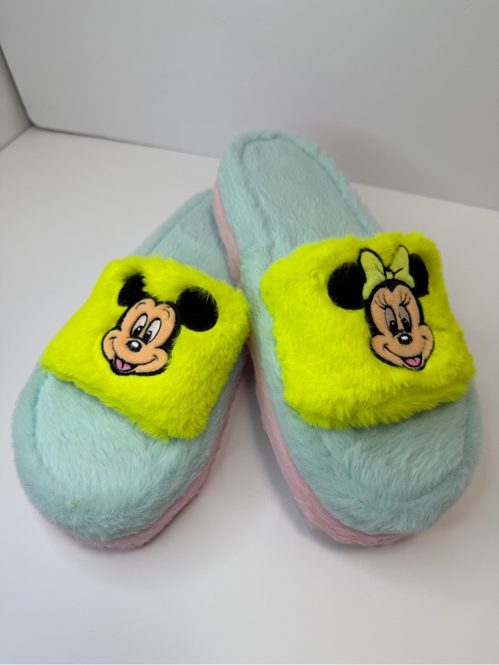 Plush Pastel Slide Slippers with Neon Yellow Character Straps - Women